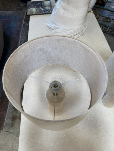 Pair of Travertine Cylinder Table Lamps with Linen Drum Shades