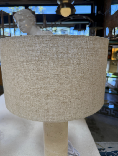 Pair of Travertine Cylinder Table Lamps with Linen Drum Shades
