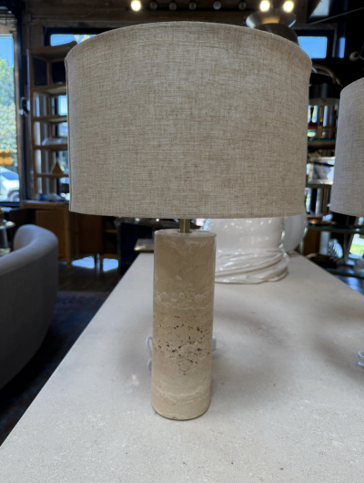 Pair of Travertine Cylinder Table Lamps with Linen Drum Shades
