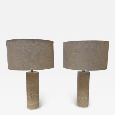 Pair of Travertine Cylinder Table Lamps with Linen Drum Shades