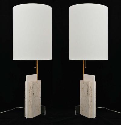 Pair of Travertine and Acrylic Modern Craftsman Style Table Lamps