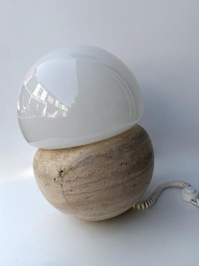 Pair of Travertine and Opaline Glass Culbuto Lamps Italy 1980s