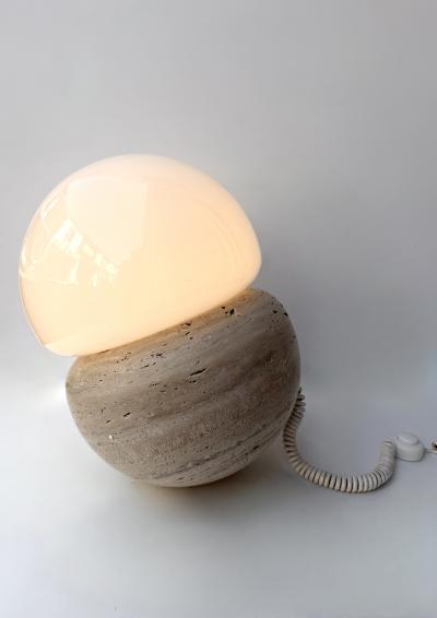 Pair of Travertine and Opaline Glass Culbuto Lamps Italy 1980s