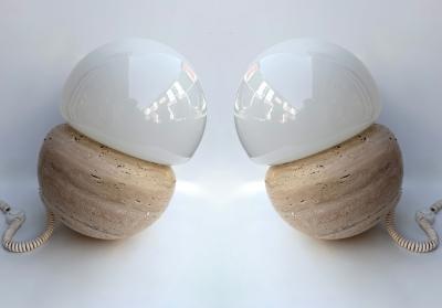 Pair of Travertine and Opaline Glass Culbuto Lamps Italy 1980s