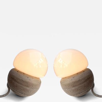 Pair of Travertine and Opaline Glass Culbuto Lamps Italy 1980s