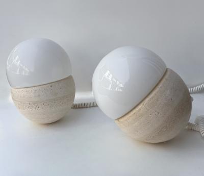 Pair of Travertine and Opaline Glass Culbuto Lamps Italy 1980s
