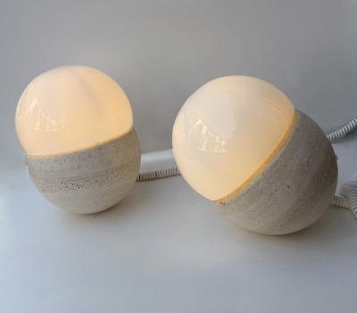 Pair of Travertine and Opaline Glass Culbuto Lamps Italy 1980s