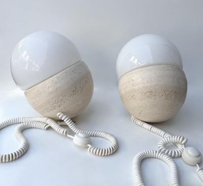 Pair of Travertine and Opaline Glass Culbuto Lamps Italy 1980s