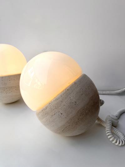 Pair of Travertine and Opaline Glass Culbuto Lamps Italy 1980s