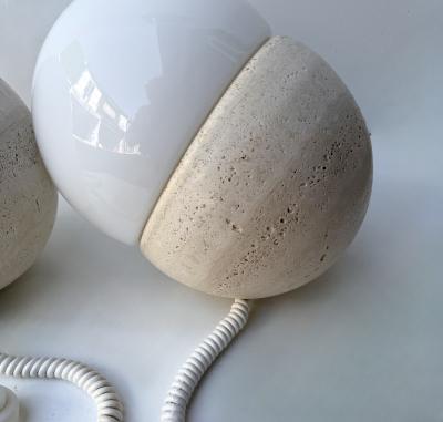 Pair of Travertine and Opaline Glass Culbuto Lamps Italy 1980s