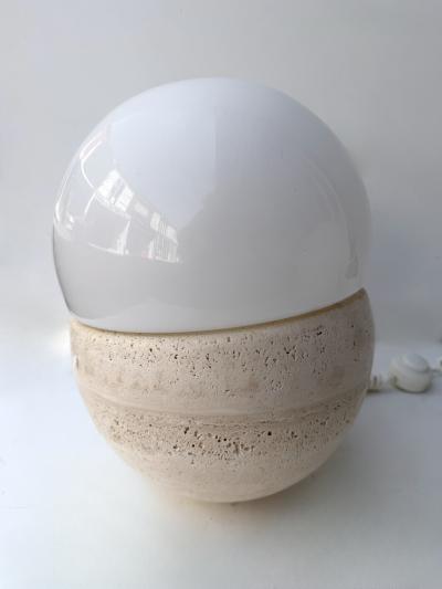 Pair of Travertine and Opaline Glass Culbuto Lamps Italy 1980s