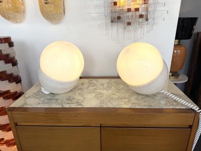 Pair of Travertine and Opaline Glass Culbuto Lamps Italy 1980s