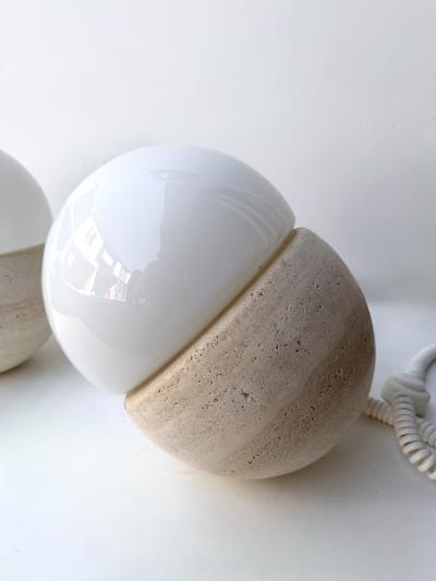 Pair of Travertine and Opaline Glass Culbuto Lamps Italy 1980s