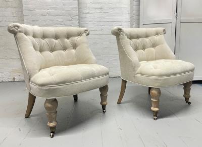 Pair of Tufted Cerused Lounge Slipper Chairs