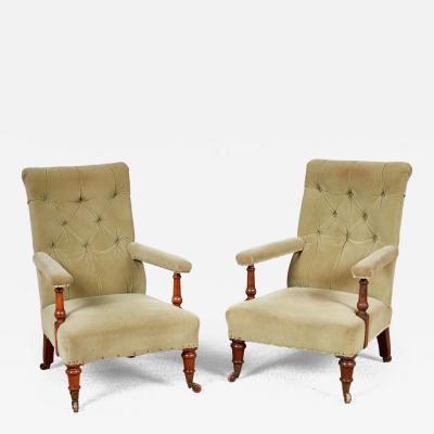 Pair of Tufted High Back Open Armchairs