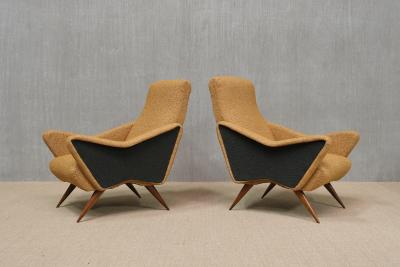 Pair of Turin School Armchairs in Walnut and Ochre Navy Boucl Italy 1950s