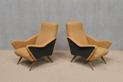 Pair of Turin School Armchairs in Walnut and Ochre Navy Boucl Italy 1950s