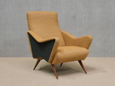 Pair of Turin School Armchairs in Walnut and Ochre Navy Boucl Italy 1950s