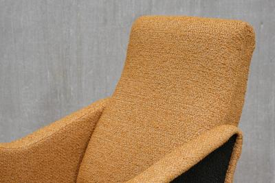 Pair of Turin School Armchairs in Walnut and Ochre Navy Boucl Italy 1950s