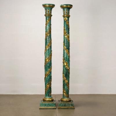 Pair of Tuscan Painted and Parcel Giltwood Columns Circa 1800