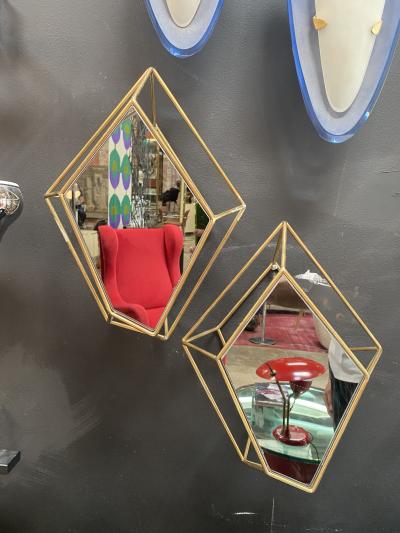 Pair of Two Italian Rhomboidal sculptural brass and Mirror Wall Sconces 1970s