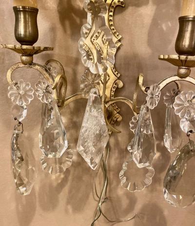 Pair of Two Light Covered Mixed Crystal and Rock Crystal Bronze Wall Sconces
