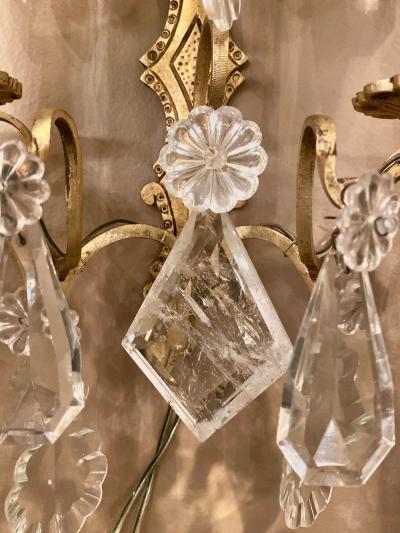 Pair of Two Light Covered Mixed Crystal and Rock Crystal Bronze Wall Sconces