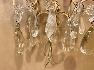 Pair of Two Light Covered Mixed Crystal and Rock Crystal Bronze Wall Sconces
