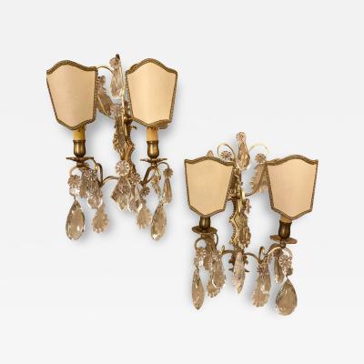 Pair of Two Light Covered Mixed Crystal and Rock Crystal Bronze Wall Sconces