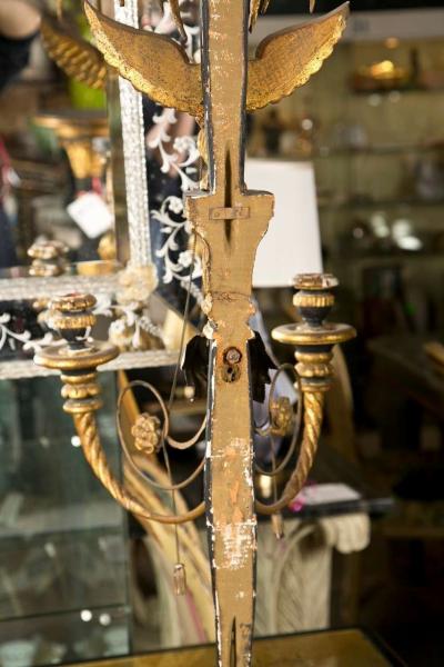 Pair of Two Light Louis XVI Style Eagle Carved Gilt Wall Sconces