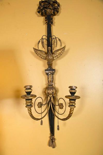 Pair of Two Light Louis XVI Style Eagle Carved Gilt Wall Sconces