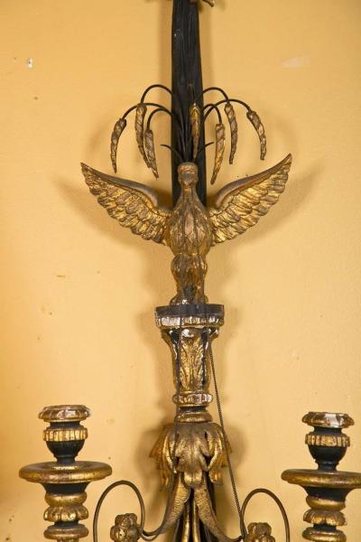 Pair of Two Light Louis XVI Style Eagle Carved Gilt Wall Sconces
