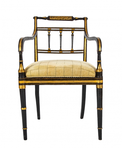 Pair of Unique Regency Greek Key Gilt Stenciled Armchairs