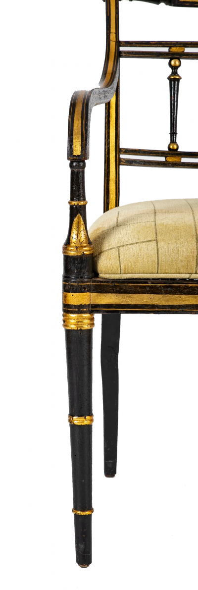 Pair of Unique Regency Greek Key Gilt Stenciled Armchairs