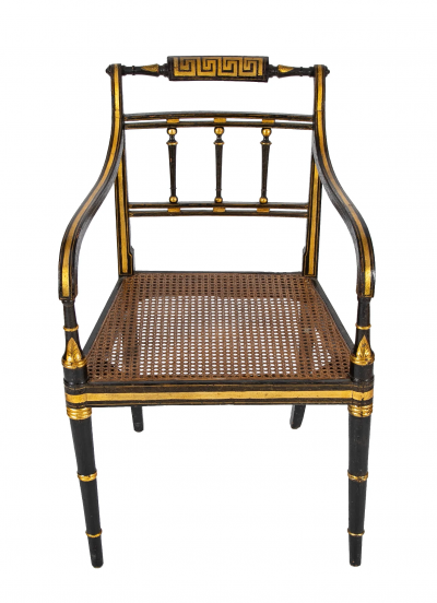 Pair of Unique Regency Greek Key Gilt Stenciled Armchairs