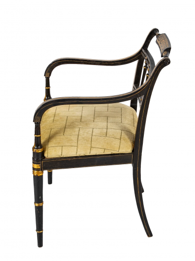 Pair of Unique Regency Greek Key Gilt Stenciled Armchairs