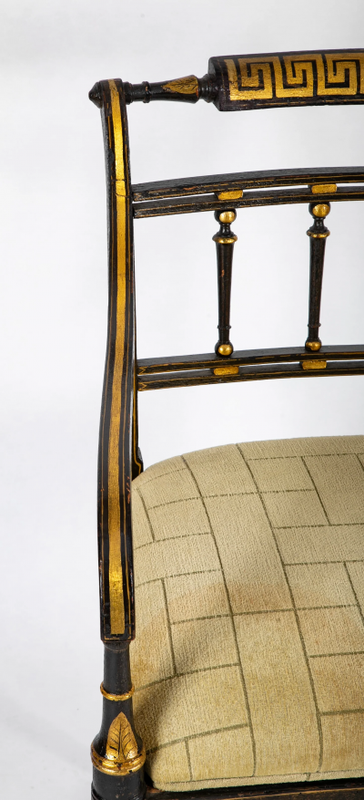 Pair of Unique Regency Greek Key Gilt Stenciled Armchairs