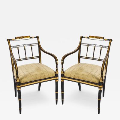 Pair of Unique Regency Greek Key Gilt Stenciled Armchairs