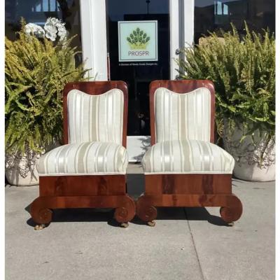 Pair of Unusual Antique Art Deco Mahogany Slipper Chairs