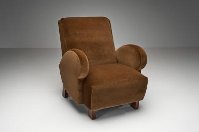 Pair of Upholstered Armchairs with Geometric Armrests Europe ca 1950s