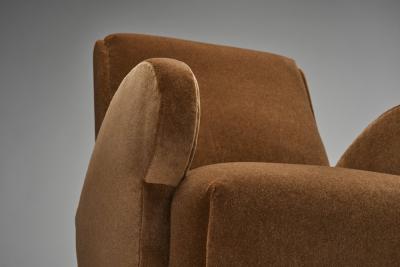 Pair of Upholstered Armchairs with Geometric Armrests Europe ca 1950s