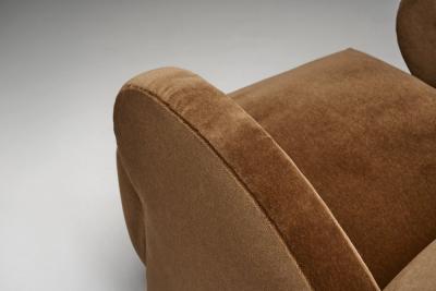 Pair of Upholstered Armchairs with Geometric Armrests Europe ca 1950s