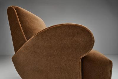 Pair of Upholstered Armchairs with Geometric Armrests Europe ca 1950s