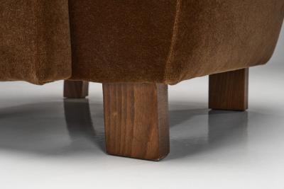 Pair of Upholstered Armchairs with Geometric Armrests Europe ca 1950s