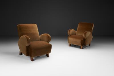 Pair of Upholstered Armchairs with Geometric Armrests Europe ca 1950s