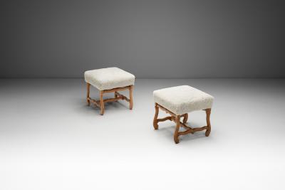 Pair of Upholstered Footstools with Curved Wooden Legs Europe Mid 20th Century