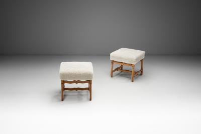 Pair of Upholstered Footstools with Curved Wooden Legs Europe Mid 20th Century