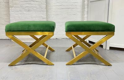 Pair of Upholstered Velvet and Brass X Benches