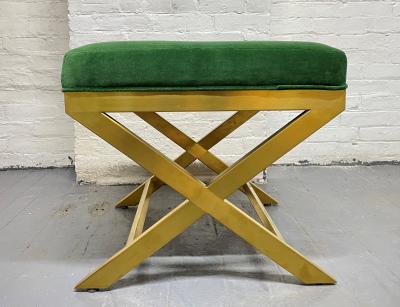 Pair of Upholstered Velvet and Brass X Benches