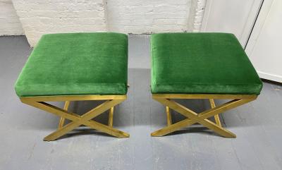 Pair of Upholstered Velvet and Brass X Benches